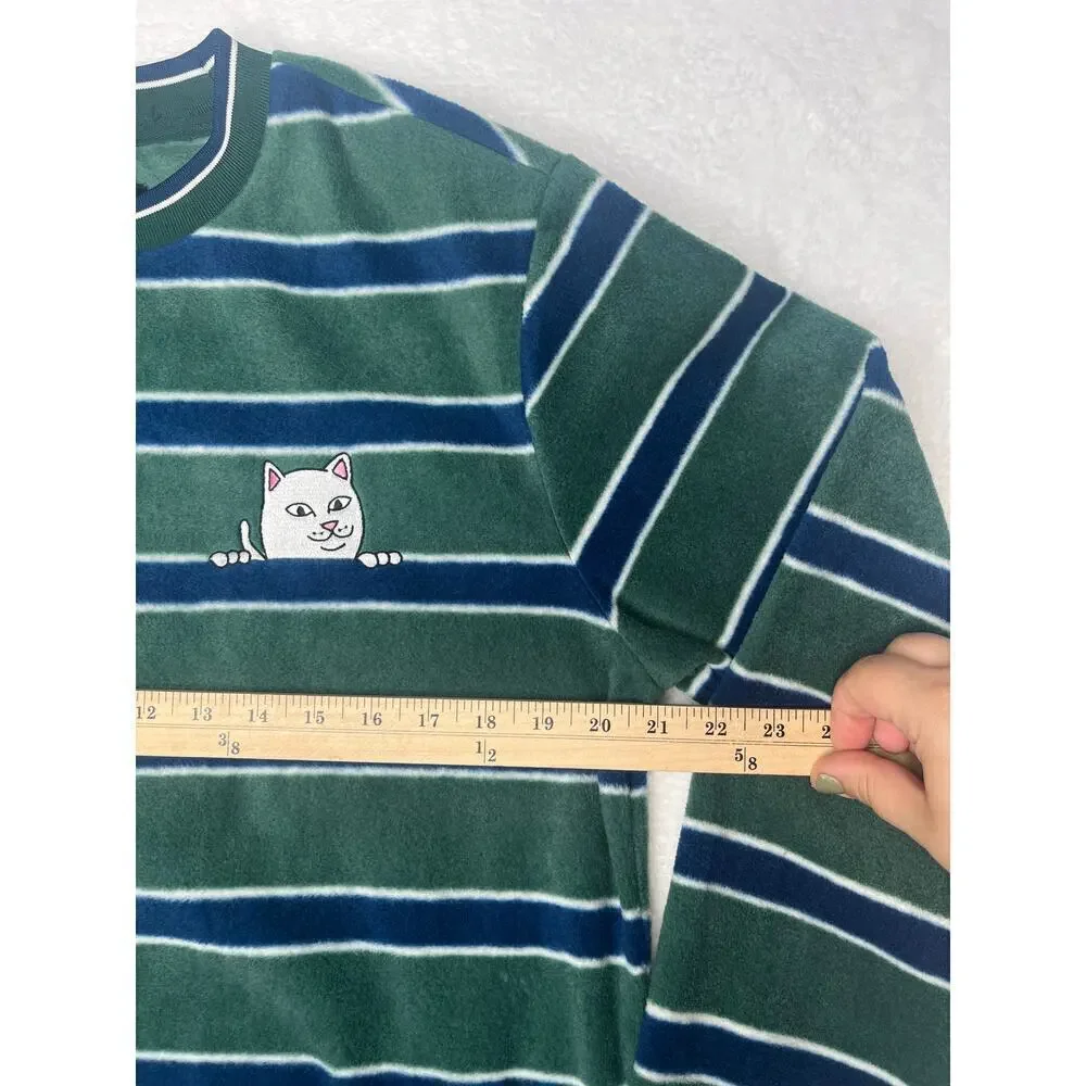 RipnDip Green Striped Long Sleeve Polar Fleece Crewneck Nermal Cat sz S Skater